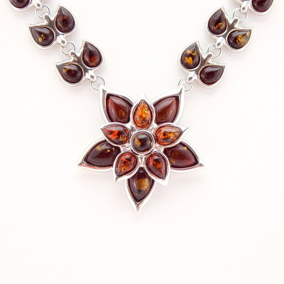 Natural Baltic Amber Floral Statement Necklace in 925 S. Silver - Picture 8 of 8